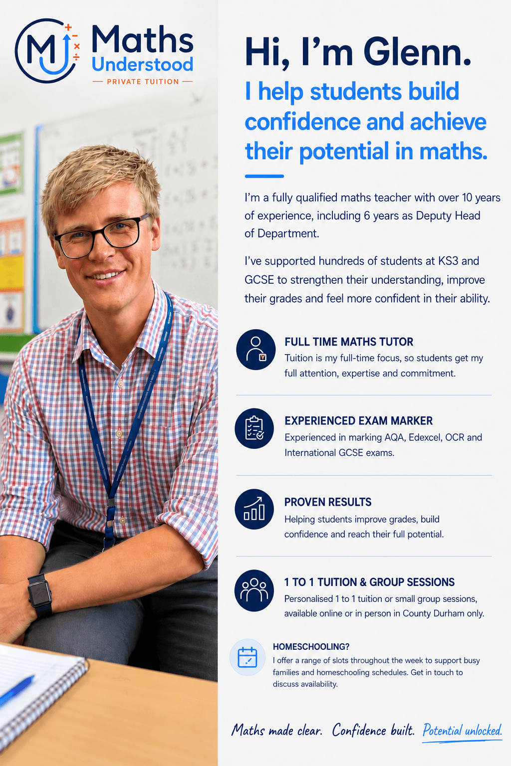 Hi, I'm Glenn. I help students build confidence and achieve their potential in maths.